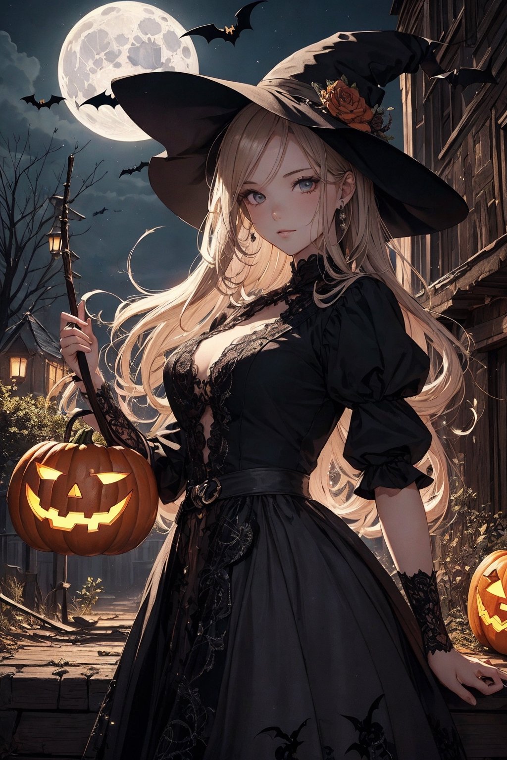 (​master piece:1.4),(hyper quality:1.2),(Hyper Detailed:1.4),(Perfect drawing),3D,16 K,((clearface)),(Hi-Res),(She wears a beautiful dress that only a person with a pure heart can see),Halloween、fancy dress、the witch、Jack-o'-lantern、Abandoned castle、Moon Night、dead wood、the bats、Darts、((beatiful backgrounds)),(((Detailed drawing))),Perfect Beautiful Girl,Perfect Photo、