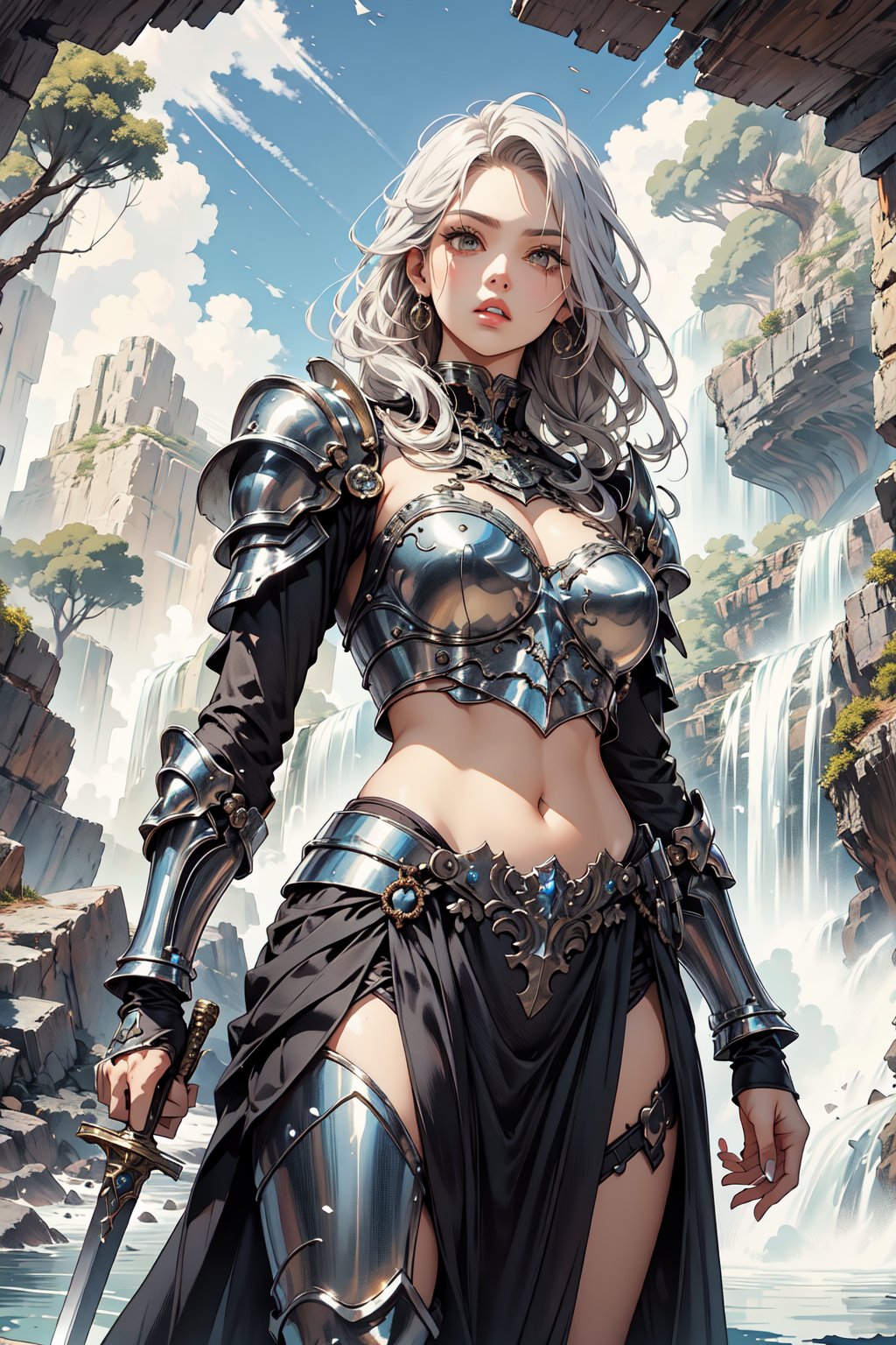 A breathtaking, ultra-detailed illustration of a stunning female warrior! The framing showcases her majesty from the waist up, with the cliffside and waterfall in the background. Soft, warm lighting illuminates her face, eyes, and intricate armor, highlighting the delicate drawing of her features. Her gaze directly engages the viewer, parted lips and navel accentuating her fierce determination. She stands firmly in a battle stance, sword held confidently, while the metallic bikini and shoulder armor glint in the light. The surrounding environment is bathed in a beautiful, chrome-like glow, further emphasizing the warrior's heroic presence.