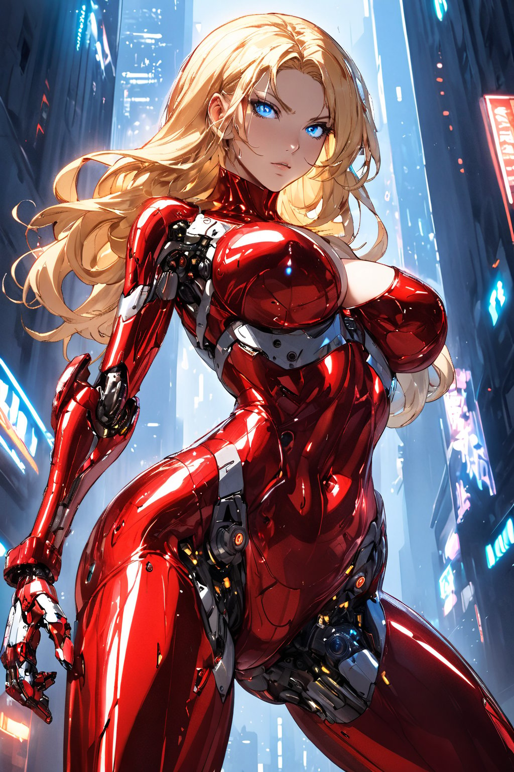 In a masterpiece of ultra-detailed art, an anime woman donning a stunning red latex bodysuit and tight shirt stands in a fighting stance from below. Her blonde hair flows long and luscious, framing her exquisite features with delicate drawing. Her bright blue eyes gaze directly at the viewer, showcasing her captivating cleavage. The shiny, skin-tight clothing accentuates her large breasts and augmented body, complete with cybernetic enhancements. In the background, a science fiction cyberpunk cityscape unfolds, bathed in beautiful, glowing lighting that creates an otherworldly atmosphere. The mecha musume's mechanical arms and metallic bodysuit glisten, as if freshly polished, while her knuckles flex in a powerful boxing stance.