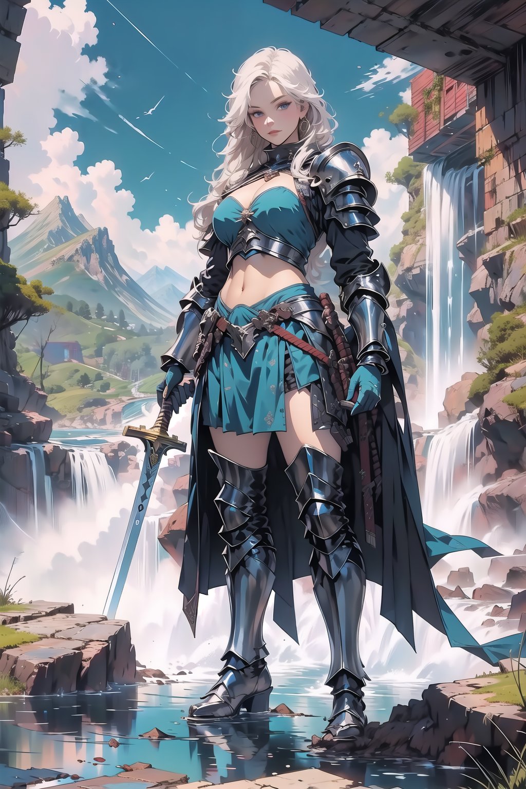 1girl, solo, long hair, breasts, looking at viewer, smile, blue eyes, blonde hair, large breasts, thighhighs, gloves, navel, holding, cleavage, jewelry, closed mouth, standing, weapon, earrings, boots, outdoors, sky, day, midriff, sword, cloud, water, holding weapon, armor, blue sky, lips, holding sword, abs, shoulder armor, gauntlets, sheath, pelvic curtain, dual wielding, toned, pauldrons, circlet, mountain, blue thighhighs, armored boots, bikini armor, waterfall,ultra delicate, clearly, super fine illustration, absorbres, pastel art,
BREAK beautiful lighting, beautiful glow,nodf_lora