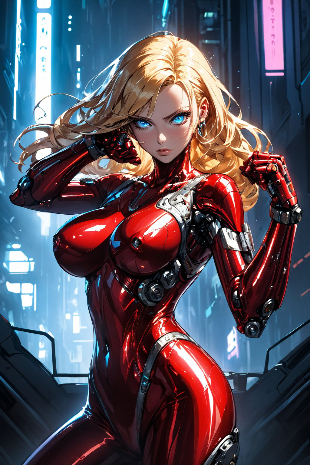 Here is the masterpiece prompt:

A stunning anime woman in a red latex bodysuit and tight shirt stands proudly, her blonde hair flowing long behind her. Her piercing blue eyes gaze directly at the viewer with a fierce determination, her large breasts subtly showcased through the shiny, skin-tight fabric. Intricate details on her face and eyes are rendered with ultra-detailed finesse. In the background, a futuristic cityscape glows softly, blending seamlessly into the sci-fi atmosphere of cyberpunk. The woman's mechanical arms and metallic bodysuit gleam in the light, as if she's ready to pounce into action at any moment. Her fighting stance is poised, knuckles clenched, with her hands resting near her face in a subtle, almost imperceptible gesture. The overall image is a symphony of beautiful, intricate details, crafted with the utmost care and precision.