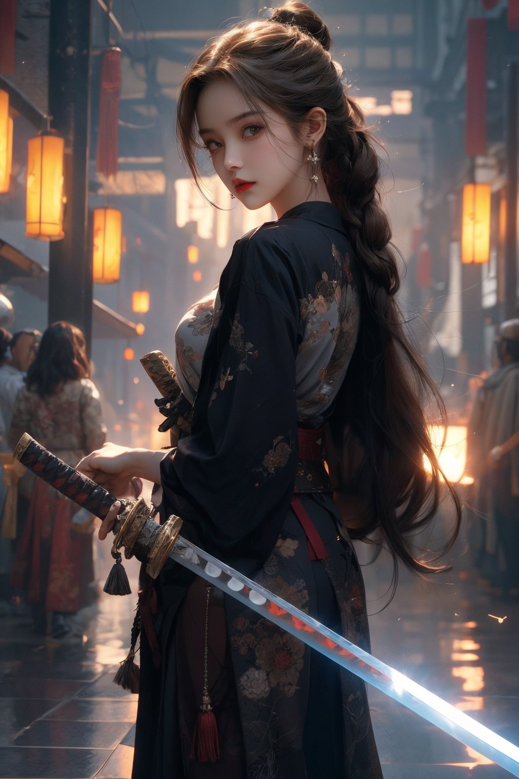 beautiful girl with brown skin, short light blonde hair, artstation, holding a katana sword, cinematic, high detail