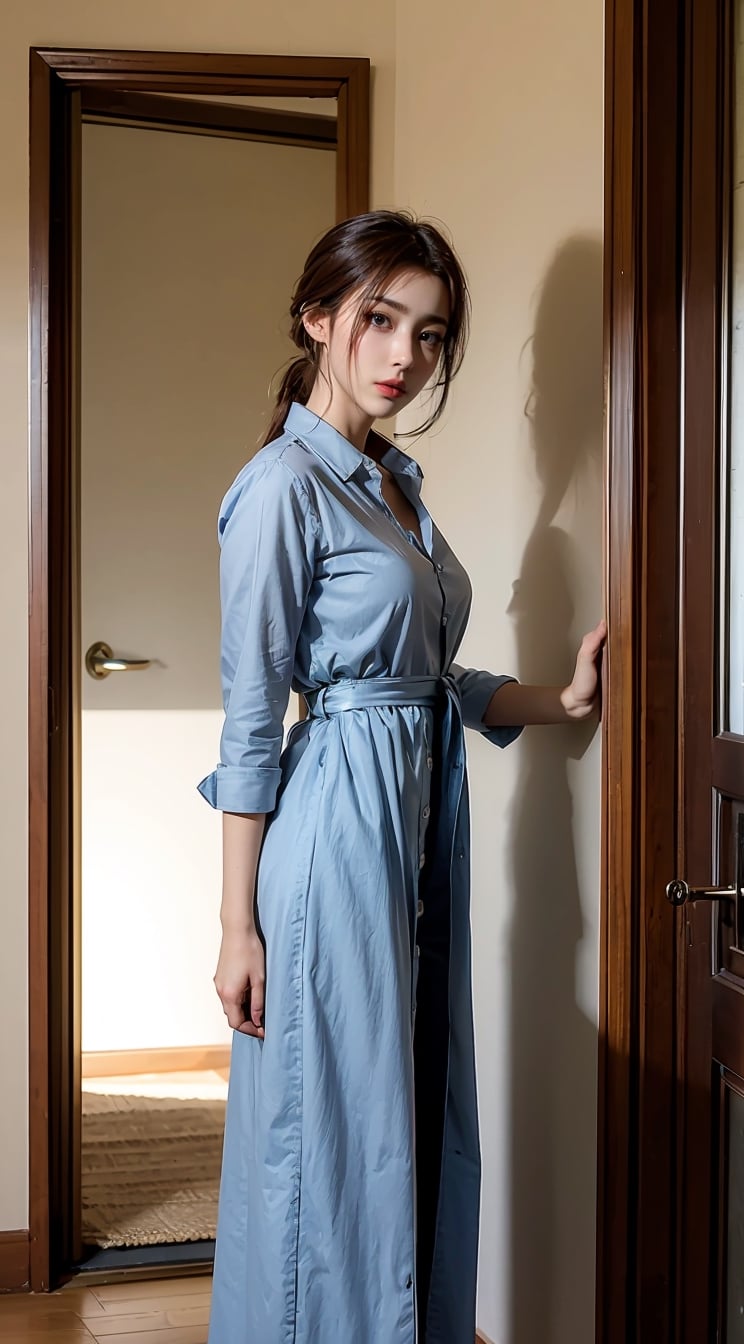 beautiful girl in long shirt standing at door 
