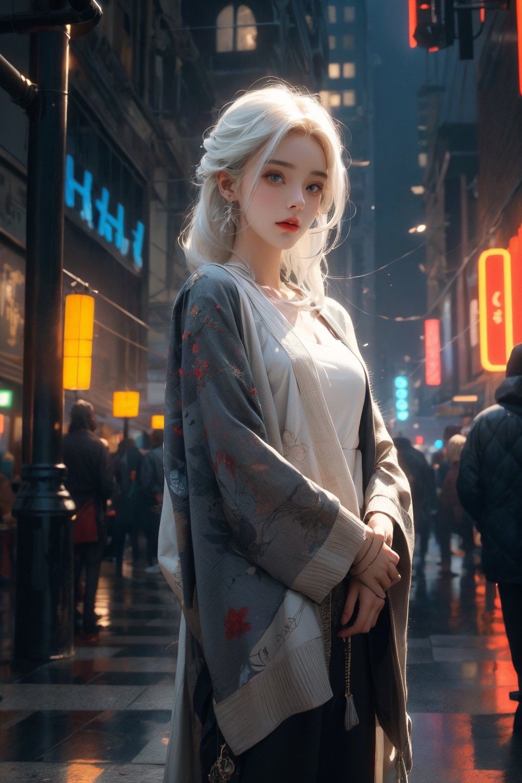 beautiful girl with white hair standing in the middle of a futuristic city looking at many city lights in distance high detail render