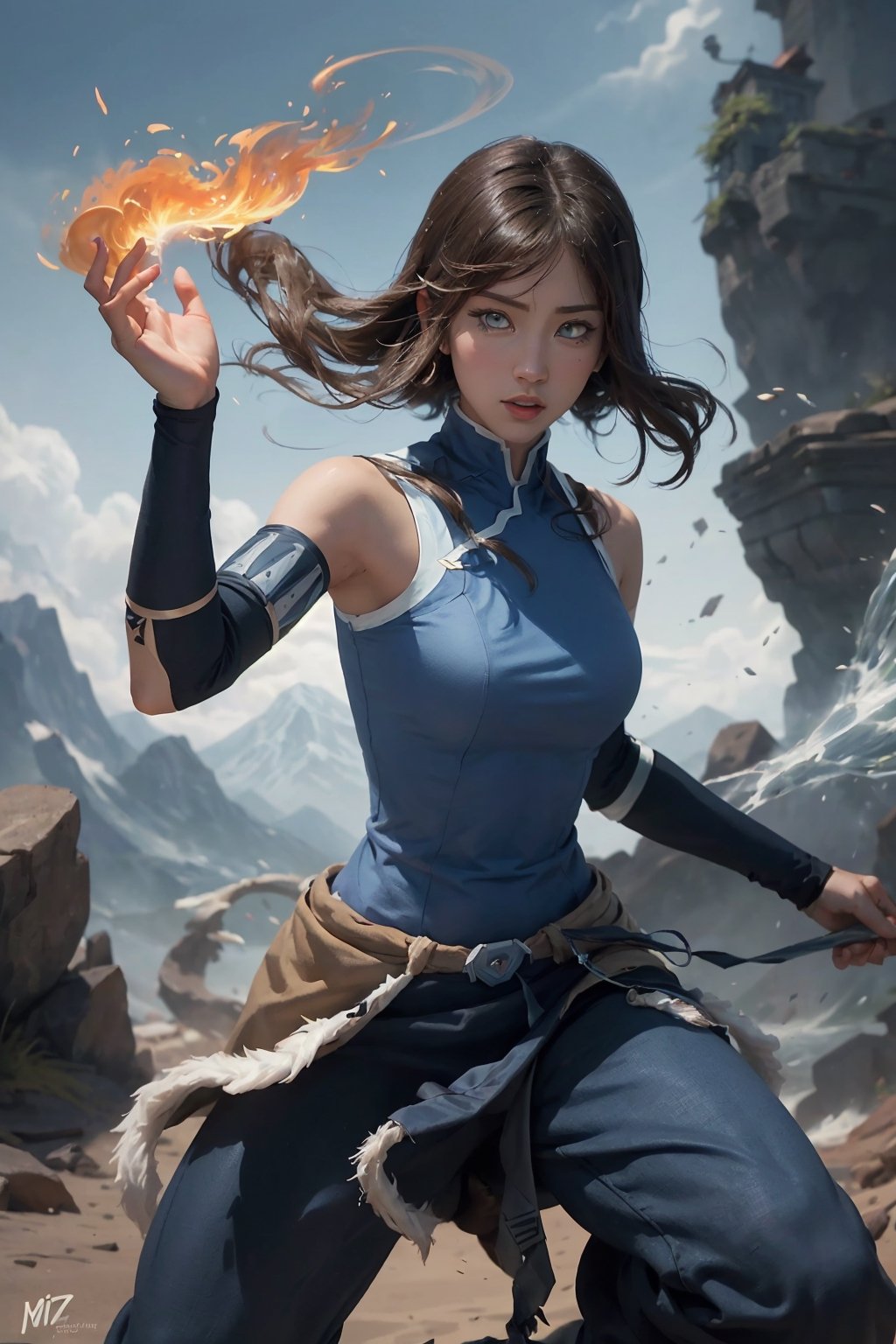 A dynamic digital painting of Korra, the Avatar from "The Legend of Korra," in a powerful bending pose. The artwork should showcase her strength and determination, with vibrant colors and intricate details. Inspired by the styles of Bryan Konietzko and Studio Mir, the image should capture Korra's essence as a strong and fierce character, while incorporating elements of nature and the four elements she manipulates