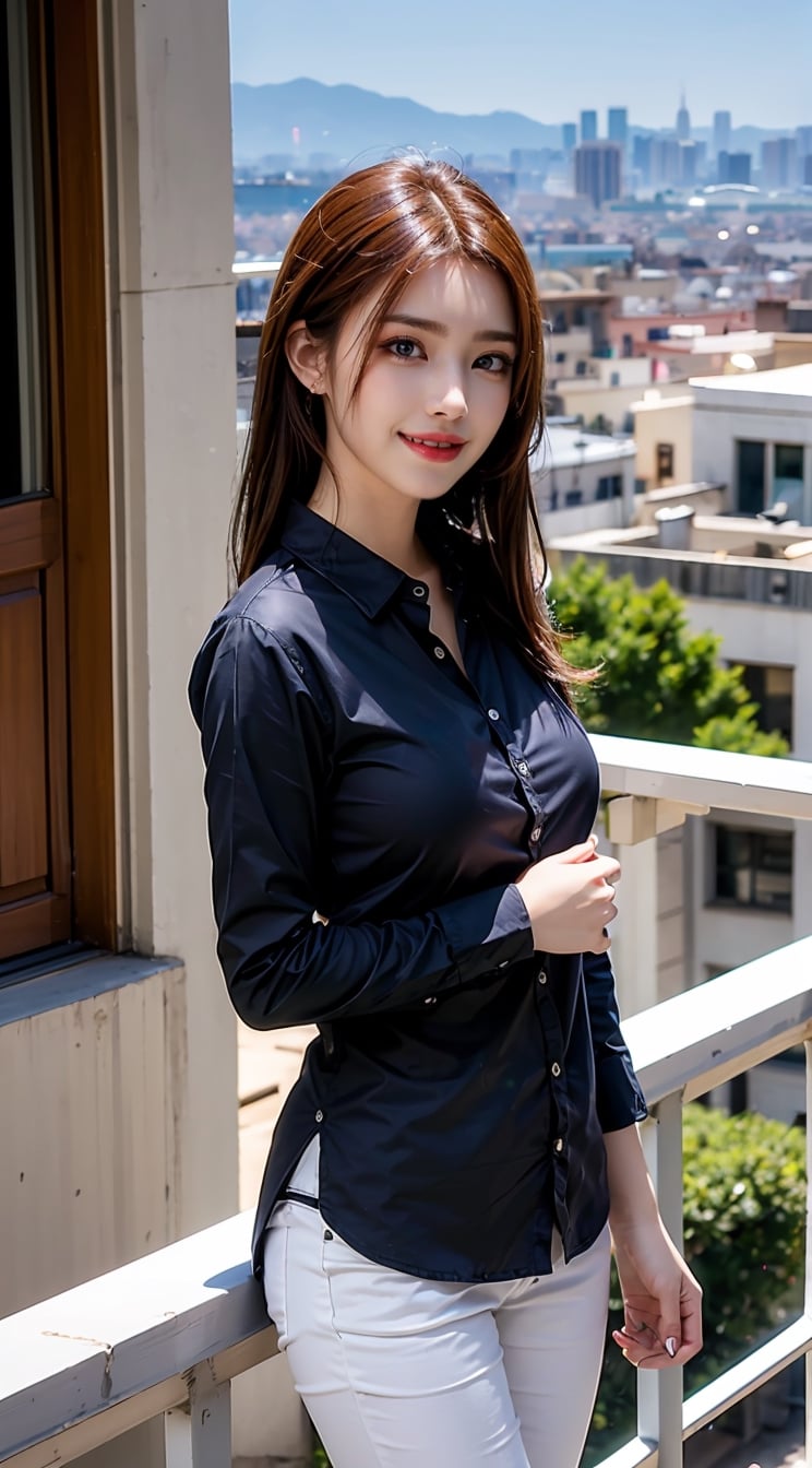 beautiful girl in long shirt standing at balcony smile, body shot, city view background