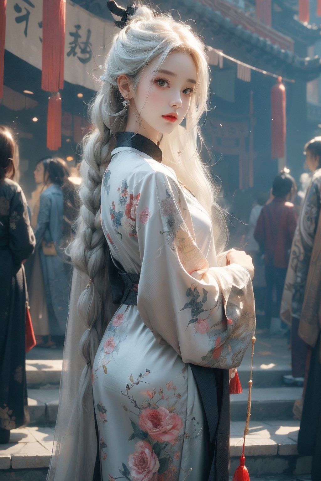 beautiful girl with white hair standing in chinese festival distance high detail render