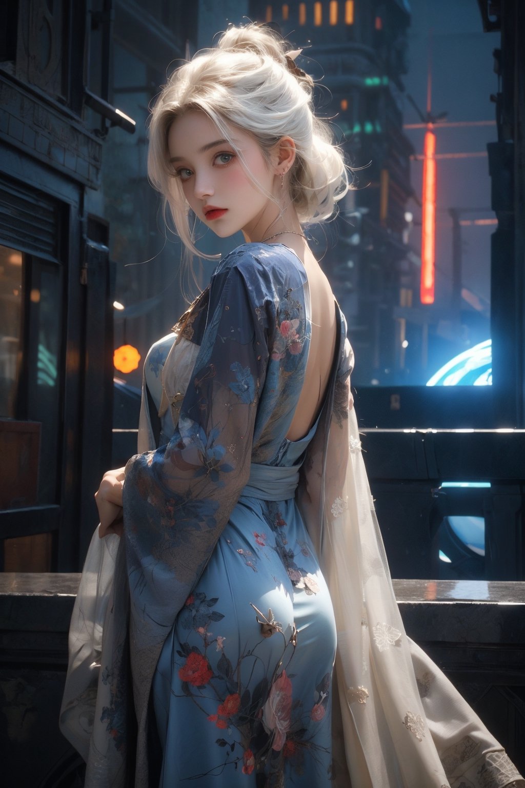 beautiful girl with white hair standing in the middle of a futuristic city looking at many city lights in distance high detail render