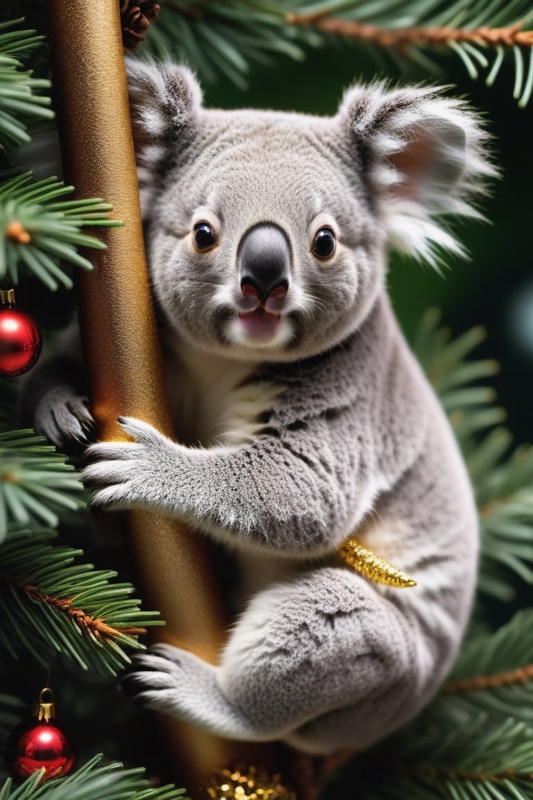 koala bear climing a Christmas tree, extreme detail, great realism, Miki Asai Macro photography, close-up, hyper detailed, trending on artstation, sharp focus, studio photo, intricate details, highly detailed, THM style