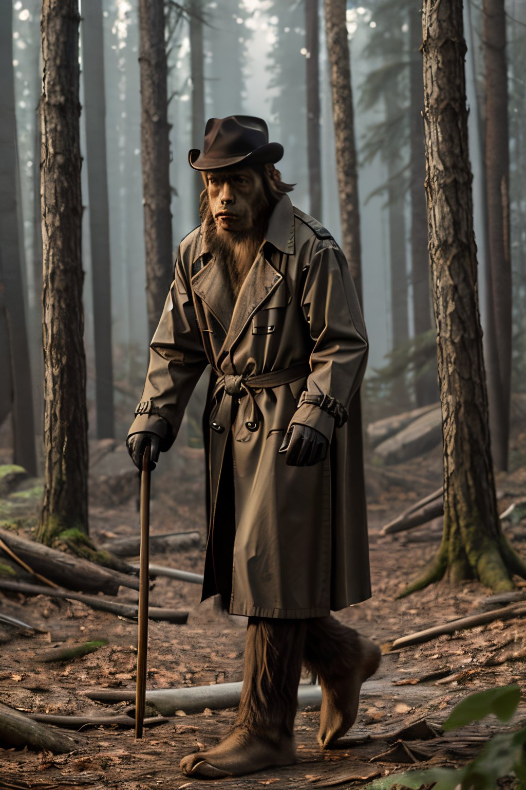 Photo of (Bigfoot) hiding in a forest wearing a hat and trench coat that is too small