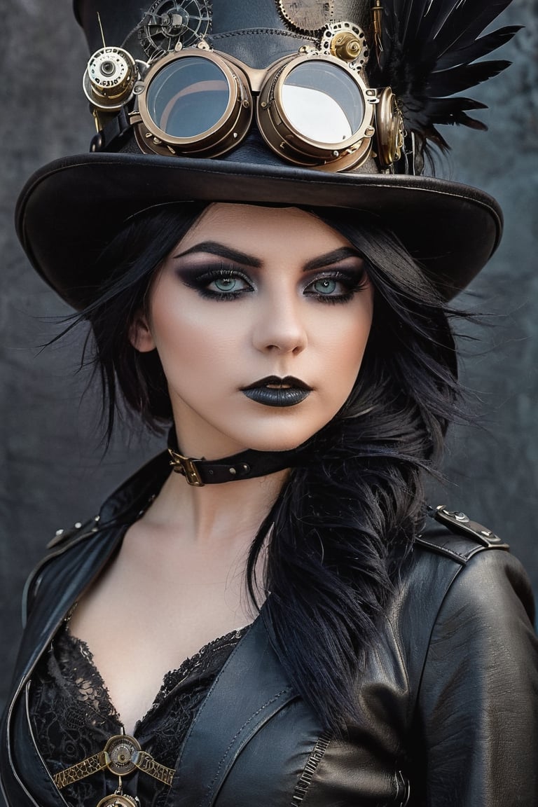 Professional studio, Masterpiece, 20 year old female, steampunk, emo, goggles, hat, leather, raven hair, gothic makeup, detailedeyes, Detailedface, expressive eyes, detailed hair, realistic skin texture 