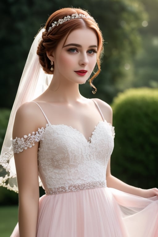 Professional studio, Masterpiece, portrait, (30 year old american girl:1.4), (flat_chested:1.4), pink wedding dress, veil, (auburn braided hair:1.4), red lipstick, freckles, diamond choker, tiara, beautiful eyes, garden background, comfortable, Detailedface, Detailedeyes, expressive eyes,xxmix_girl,photo r3al,detailmaster2,Movie Still