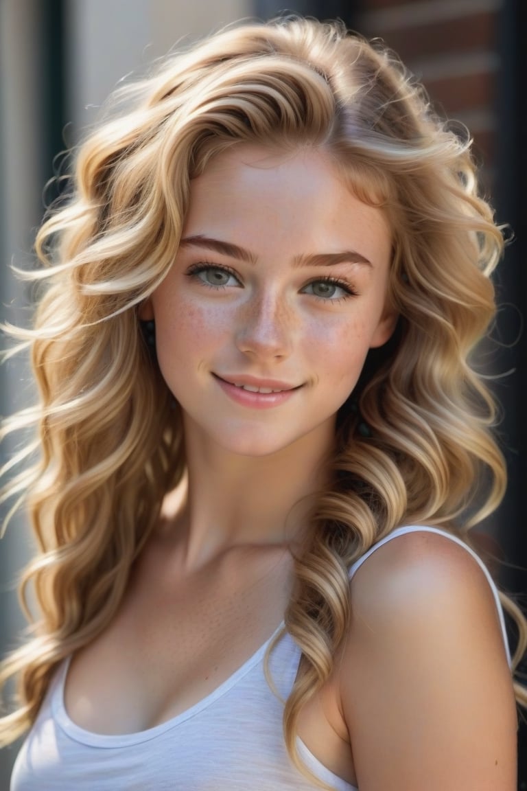 Professional studio, Masterpiece, dslr, 50mm, (half_body:1.4), (18 year old female:1.4), tiny_girl, outside, leaning against building, windy, long curly dirty blonde hair, (freckles:1.4), hair band, makeup, smirk, (fun:1.4), happy, sweet, detailed hair, realistic skin texture, skin blemishes, beautiful, photo r3al,Extremely Realistic,Photorealism,Photoshoot