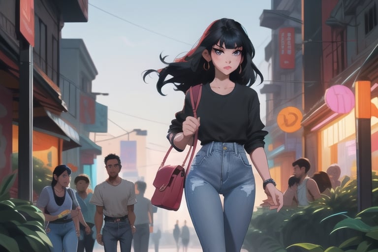 A beautiful long black-haired and black-eyed working girl with a handbag wearing a black shirt and denim jeans walking along the busy street in the evening at Esplaned in kolkata