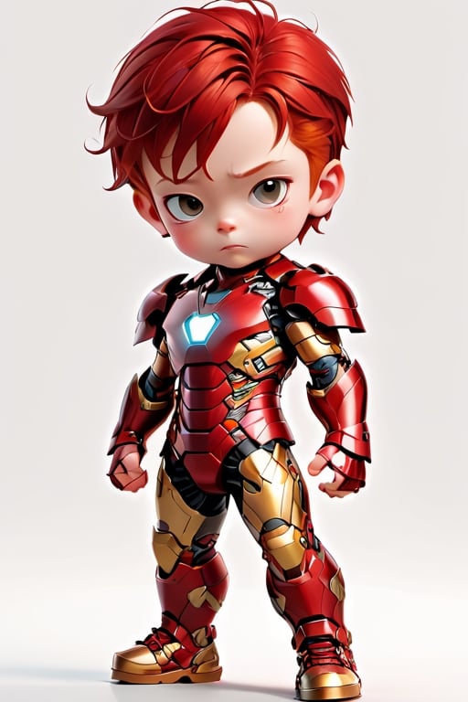 3d style, photo realistic,full body, charming child male as ironman  standing red hair red, red clothes gold   black boots, Japanese katana,  num chucks white background, vibrant Colors, sharp image, Crisp edges

