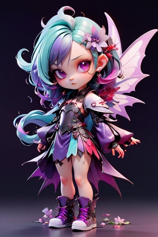 3d style,  photo realistic,  full body,  charming young female vampire fairy,  look of longing,, hair purple/pink,  wearing armor cyan and clothers,  purple flowing hair,  purple wings, Japanese  num chucks white background, red and white flowers in the background,  vibrant Colors,  sharp image,  Crisp edges