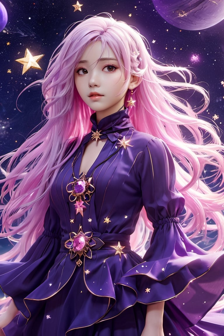 xxmixgirl,masterpiece, best quality,highres, 1girl, (long_white_hair:1.2), stars in the eyes, messy floating hair, colored inner hair, Starry sky adorns hair, tullece, see_through, (((glistening light))), (Luminous), detailed shadow, meteor,fanxing, , , stars in white dress, tuxedo,,FilmGirl,3d style,3d,3d render, purple clothes, pink hair