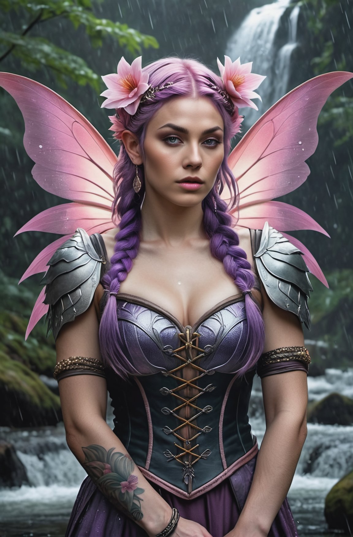 photography, a woman with a flower in her hair, fantasy style    --ModernNetflix-1900, tattoos, raining, droplets, leather, fabric, braids, pearls as a fariy with purple armor. and pink hair realistic, 3D Art,  in an enchanted forest with river, waterfall, photo realism, full body image. pink fairy wings