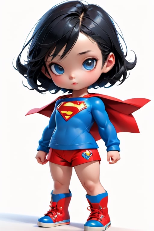 3d style, photo realistic,full body, charming child femals as the superman,  standing black hair blakc, blue clothes gold,  red shorts, blue  boots, Japanese  num chucks white background, vibrant Colors, sharp image, Crisp edges

