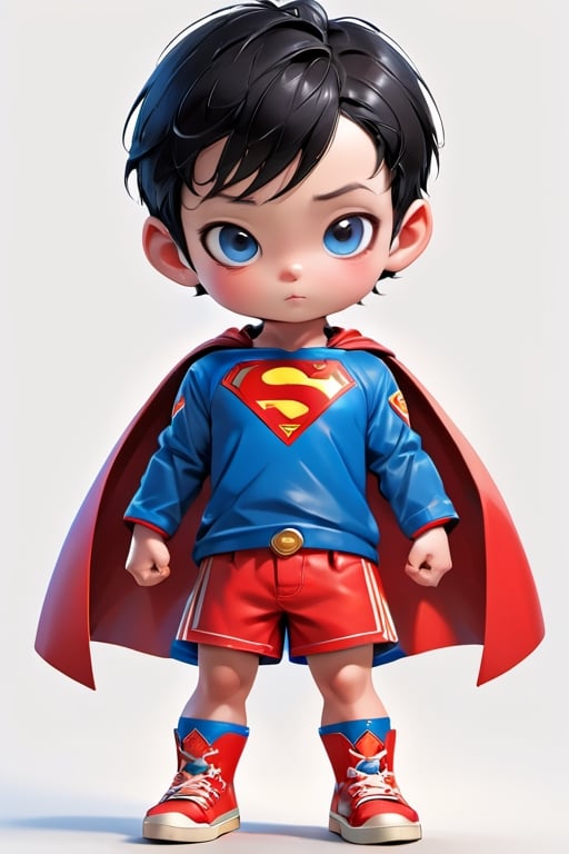 3d style, photo realistic,full body, charming child male as the superman,  standing short black hair blakc, blue clothes gold,  red shorts, blue  boots, Japanese  num chucks white background, vibrant Colors, sharp image, Crisp edges

