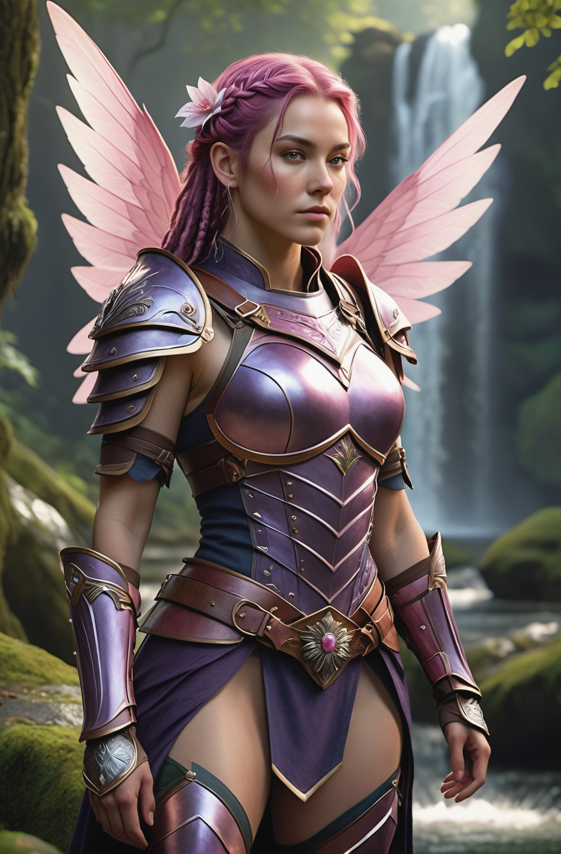 Ultra-photorealistic, high-definition photography of a full-body shot of a woman with pink hair, styled in braids, wearing purple armor with intricate details. She has a flower in her hair and delicate pink fairy wings. The scene is set in an enchanted forest with a flowing river and a cascading waterfall in the background. The environment is lush and vibrant, with soft sunlight filtering through the trees, highlighting the rain droplets on her armor and wings. Leather and fabric textures are realistic, with no extra limbs or distortions. 3D rendering, sharp focus, natural skin texture, cinematic lighting, and perfect anatomy.