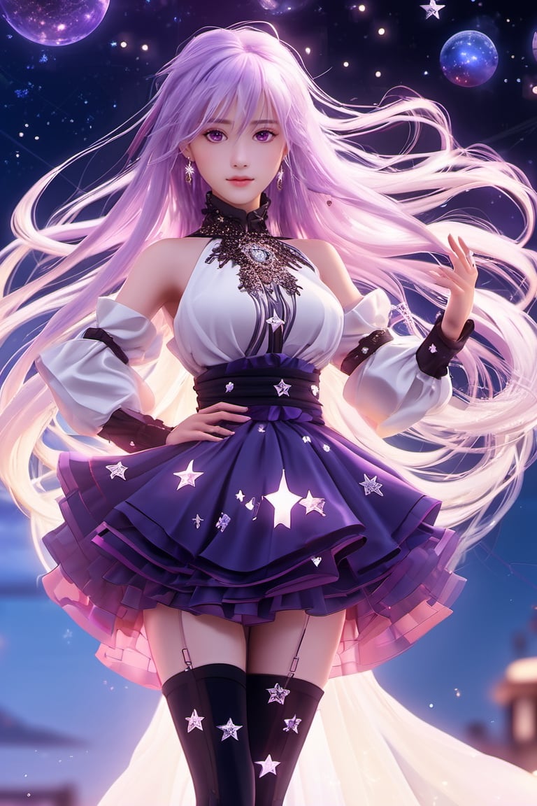 xxmixgirl,masterpiece, best quality,highres, 1girl, (long_white_hair:1.2), stars in the eyes, messy floating hair, colored inner hair, Starry sky adorns hair, tullece, see_through, (((glistening light))), (Luminous), detailed shadow, meteor,fanxing, , , stars in white dress, tuxedo,,FilmGirl,3d style,3d,3d render, purple clothes, pink hair