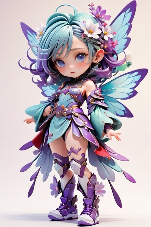 3d style, photo realistic, full body, charming adult woman fairy, look of longing, cyan armor and clothers, purple wings, purple flowing hair, Japanese  num chucks white background,3d style, red and white flowers in the background, vibrant Colors, sharp image, Crisp edges