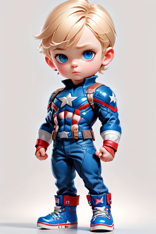 3d style, photo realistic,full body, charming child male as captain America  standing short blonde hair blonde, blue clothes blue   blue boots, Japanese   num chucks white background, vibrant Colors, sharp image, Crisp edges

