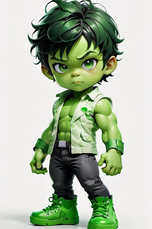 3d style, photo realistic,full body, charming child male as the hulk  all green skin, green face, green hands standing black hair black, green clothes green   green boots, Japanese   num chucks white background, vibrant Colors, sharp image, Crisp edges

