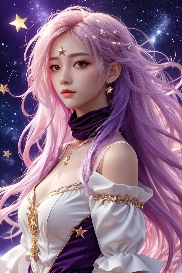 xxmixgirl,masterpiece, best quality,highres, 1girl, (long_white_hair:1.2), stars in the eyes, messy floating hair, colored inner hair, Starry sky adorns hair, tullece, see_through, (((glistening light))), (Luminous), detailed shadow, meteor,fanxing, , , stars in white dress, tuxedo,,FilmGirl,3d style,3d,3d render, purple clothes, pink hair