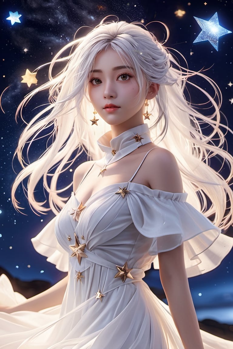 xxmixgirl,masterpiece, best quality,highres, 1girl, (long_white_hair:1.2), stars in the eyes, messy floating hair, colored inner hair, Starry sky adorns hair, tullece, see_through, (((glistening light))), (Luminous), detailed shadow, meteor,fanxing, , , stars in white dress, tuxedo,,FilmGirl,3d style,3d,3d render