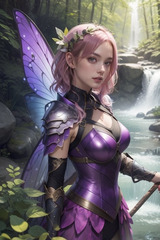 charming adult woman dressed as a fairy with purple armor in front of a waterfall or next to creek, in a forest, Purple Clothes, Spring environment, mischievous face expression, pink hair, Hightly Detailed