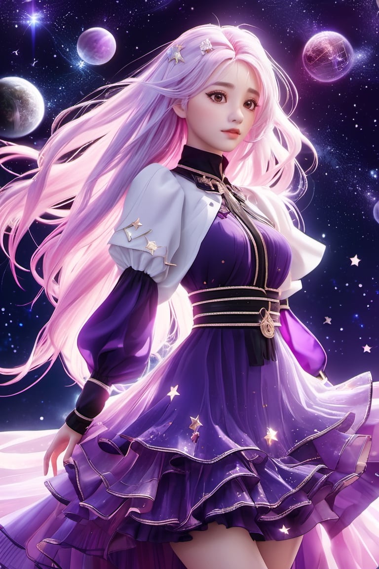 xxmixgirl,masterpiece, best quality,highres, 1girl, (long_white_hair:1.2), stars in the eyes, messy floating hair, colored inner hair, Starry sky adorns hair, tullece, see_through, (((glistening light))), (Luminous), detailed shadow, meteor,fanxing, , , stars in white dress, tuxedo,,FilmGirl,3d style,3d,3d render, purple clothes, pink hair