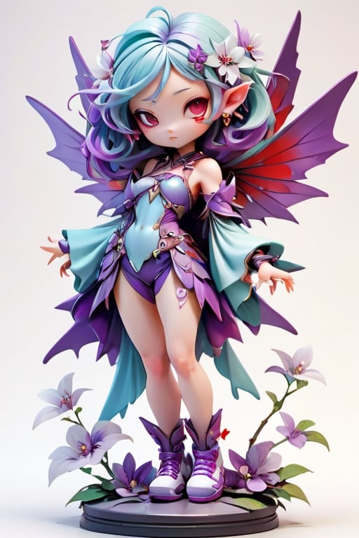 3d style,  photo realistic,  full body,  charming adult woman fairy,  look of longing,  cyan armor and clothers,  purple wings,  purple flowing hair,  Japanese  num chucks white background, 3d style,  as Vampire,  red and white flowers in the background,  vibrant Colors,  sharp image,  Crisp edges