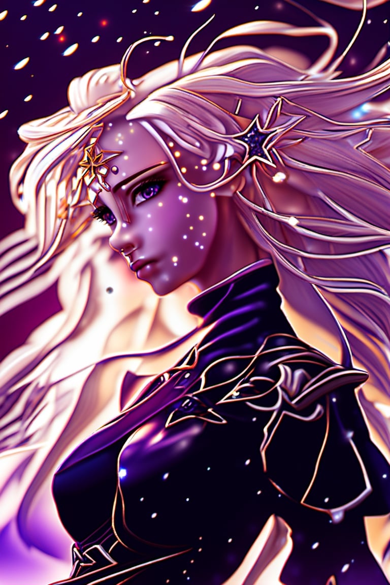 xxmixgirl,masterpiece, best quality,highres, 1girl, (long_white_hair:1.2), stars in the eyes, messy floating hair, colored inner hair, Starry sky adorns hair, tullece, see_through, (((glistening light))), (Luminous), detailed shadow, meteor,fanxing, , , stars in white dress, tuxedo,,FilmGirl,3d style,3d,3d render, purple clothes, pink hair