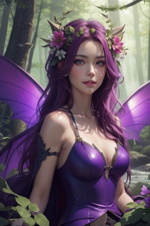 in front of a waterfall, green forSpring photo realistic, 3D Art, of a charming adult woman dressed as a fairy with purple armor holding a bow, mischievous face expression, pink hair, planar vector, character design, colorful splashes, fantasy art, oils, acrylic effect, digital painting, full body, in an enchanted forest with river, waterfall, photo realism, full body image. Sitting on a log, in armor, with mystical dragon, surrounded by red and white flowers , in boots