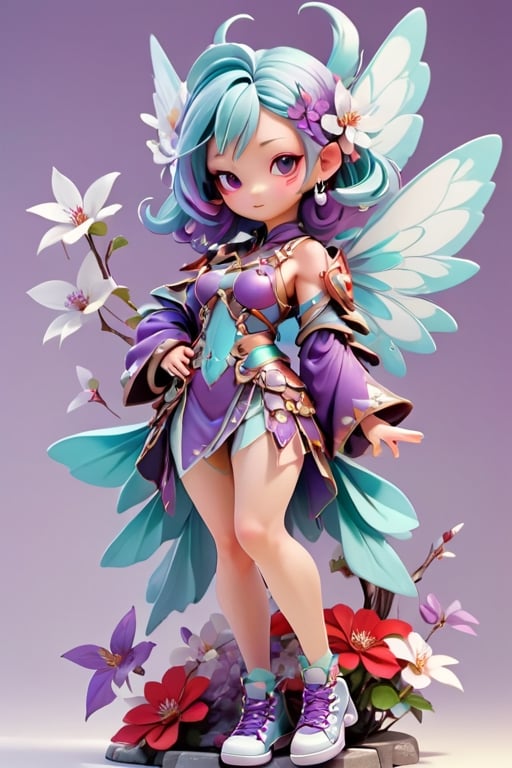 3d style, photo realistic, full body, charming adult woman fairy, look of longing, cyan armor and clothers, purple wings, purple flowing hair, Japanese  num chucks white background,3d style, red and white flowers in the background, vibrant Colors, sharp image, Crisp edges