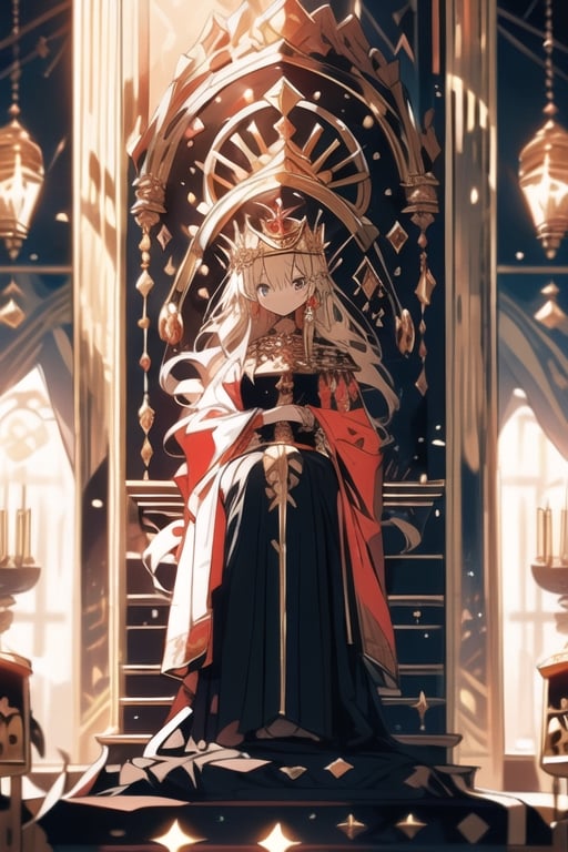 One girl(adult woman,on the throne,black long hair,black eye,serious face,medium breast,masterpiece,best quality,high quality,chlotes( long royal dress (golden,red,black,crown (gold/black, (earrings  (dress::1.3),background (Royale throne room,big hall,little stairs,ground whit throne,throne (gold/black,shining light from the up