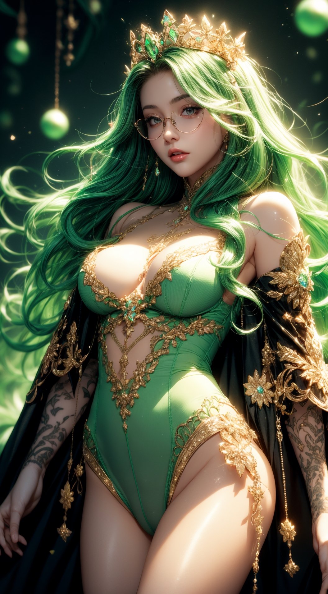 , 1 girl, tiny_breasts ,eyeglass,tiara crown, intricate dress, multicolored robe, shoulder cape, intricate staff, crystal and gems, light orbs,insane details, neon green, multicolored hair, various pieces of striped clothing,see-through, ,hourglass body shape,High detailed ,girl, random pattern tattoo,1 girl,