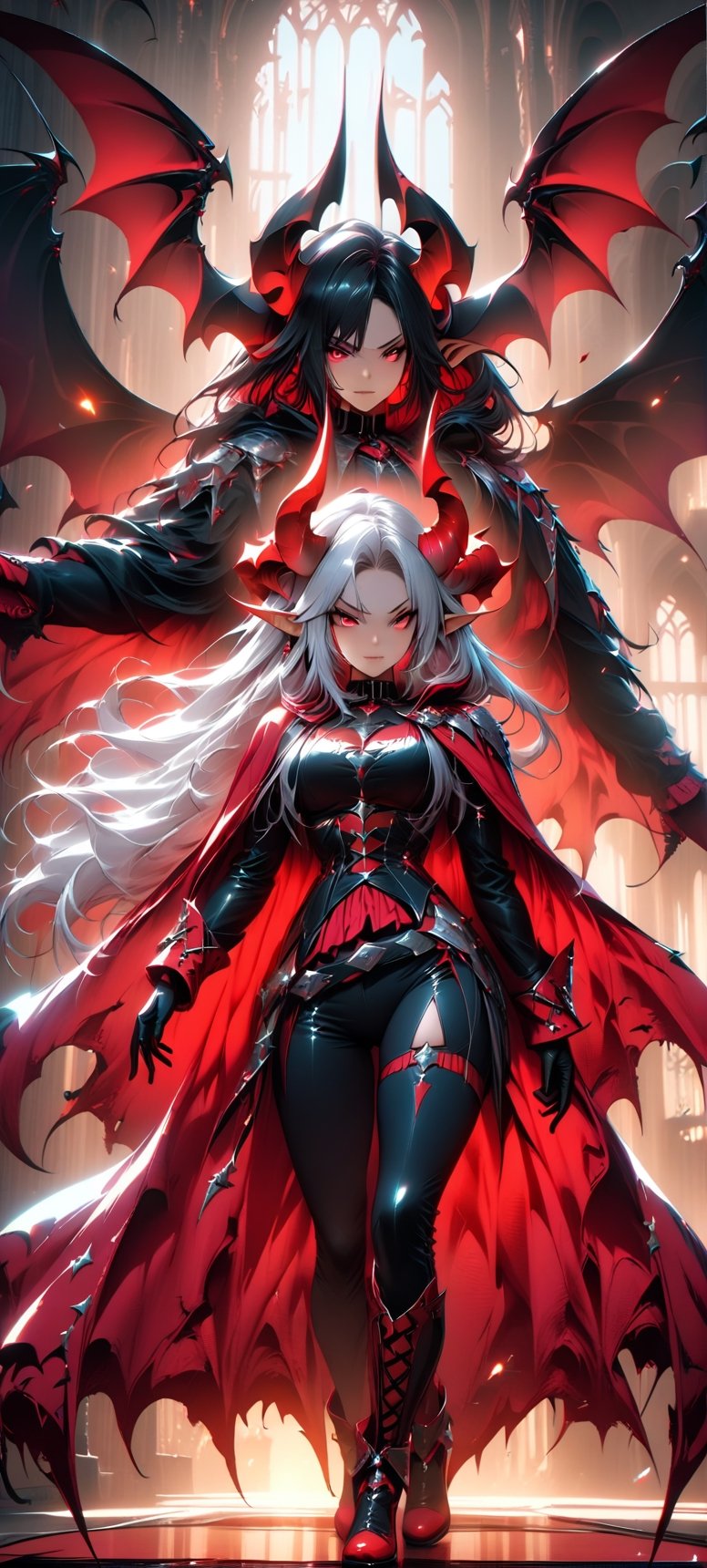 1 female, long ears, Horns, Blood red pupils,Large Bat wings, Noble clothes and cape,floating,feet level view,extremely Detailed cg, masterpiece,best quality, High resolution, LegendDarkFantasy, Dynamic action pose,DonMB4nsh33XL 