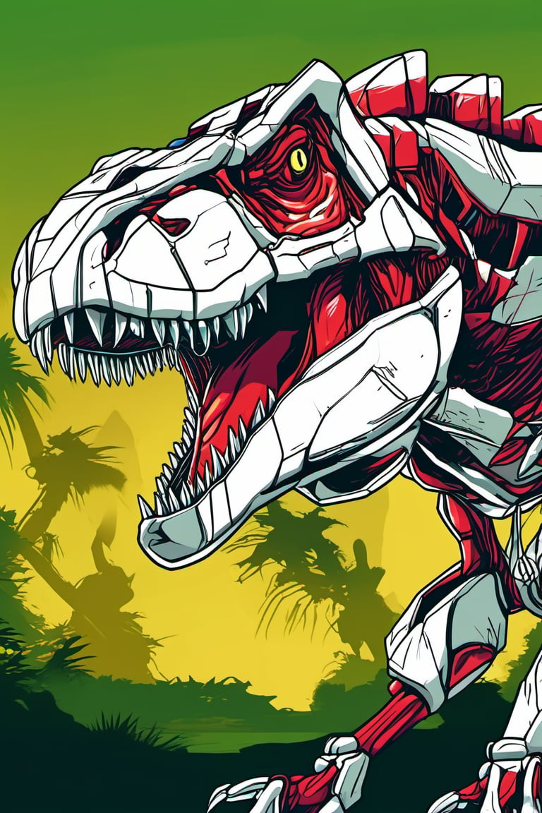 t-rex, mouth_open, mecha, vector art, vector line art, vibrant colours, anime style