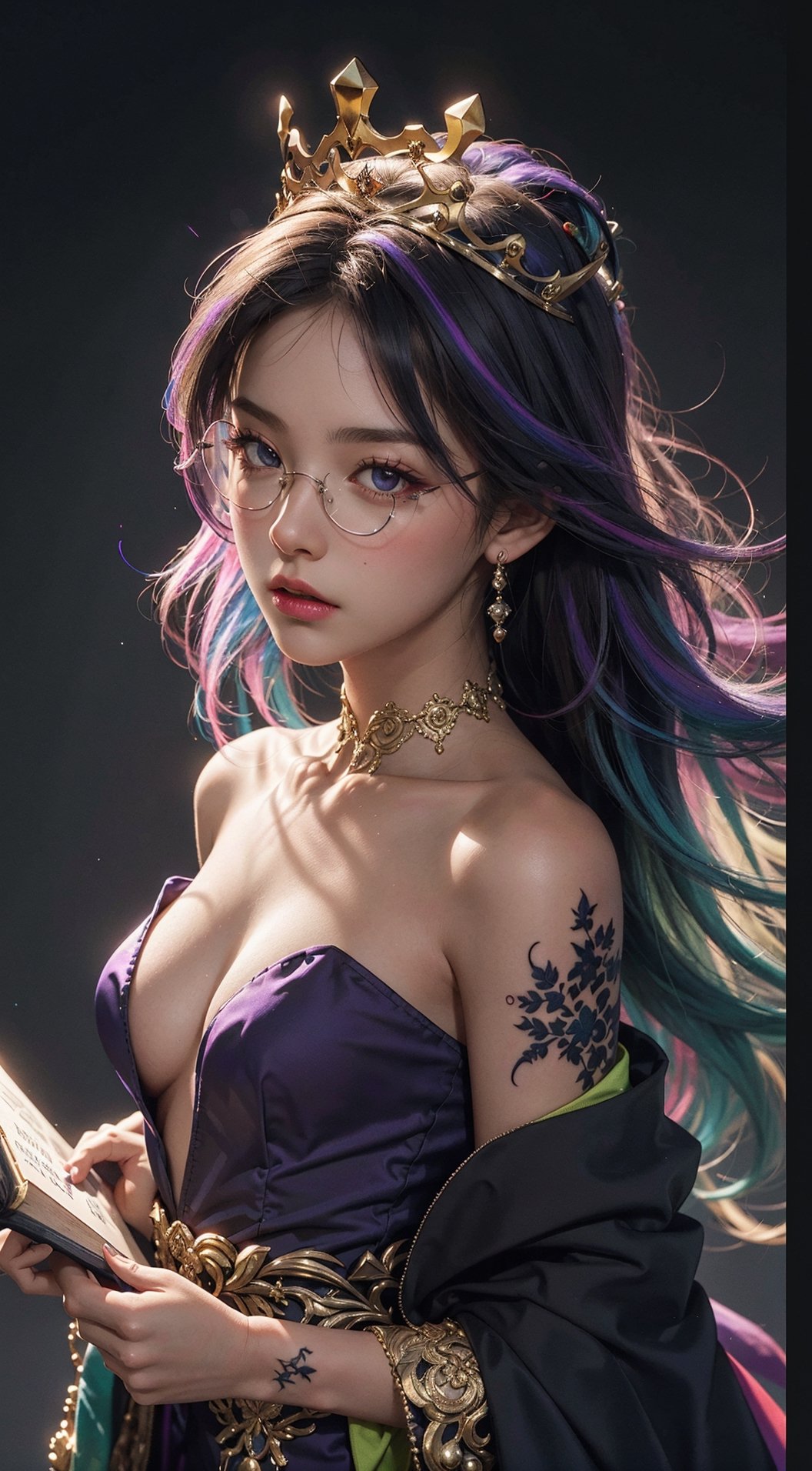 , 1 girl, tiny_breasts, dark_skinned_female, eyeglass, tiara crown, intricate dress, multicolored, robe, shoulder cape,book, classical_mythology, light orbs,insane details, neon purple, multicolored hair, petite,High detailed ,girl, random pattern tattoo,1 girl, photorealistic, realistic