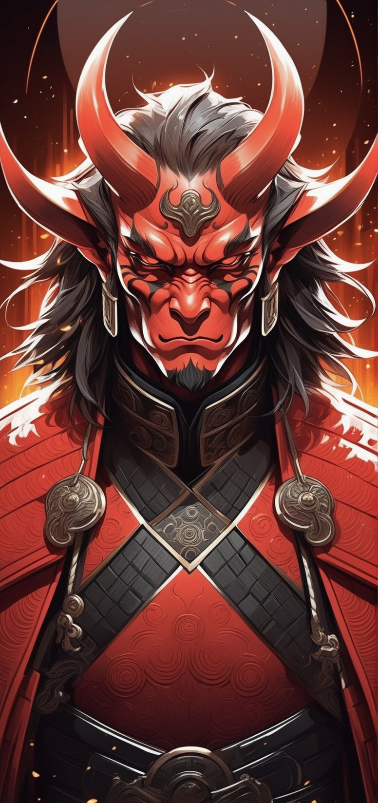 digital illustration, (masterpiece,absurdres, bestquality,),1guy, in a futuristic samurai suit, oni mask,(mature:1.2),vector art, vector line art, fine details,(lieartt:1.2) detailed backgroud,LegendDarkFantasy