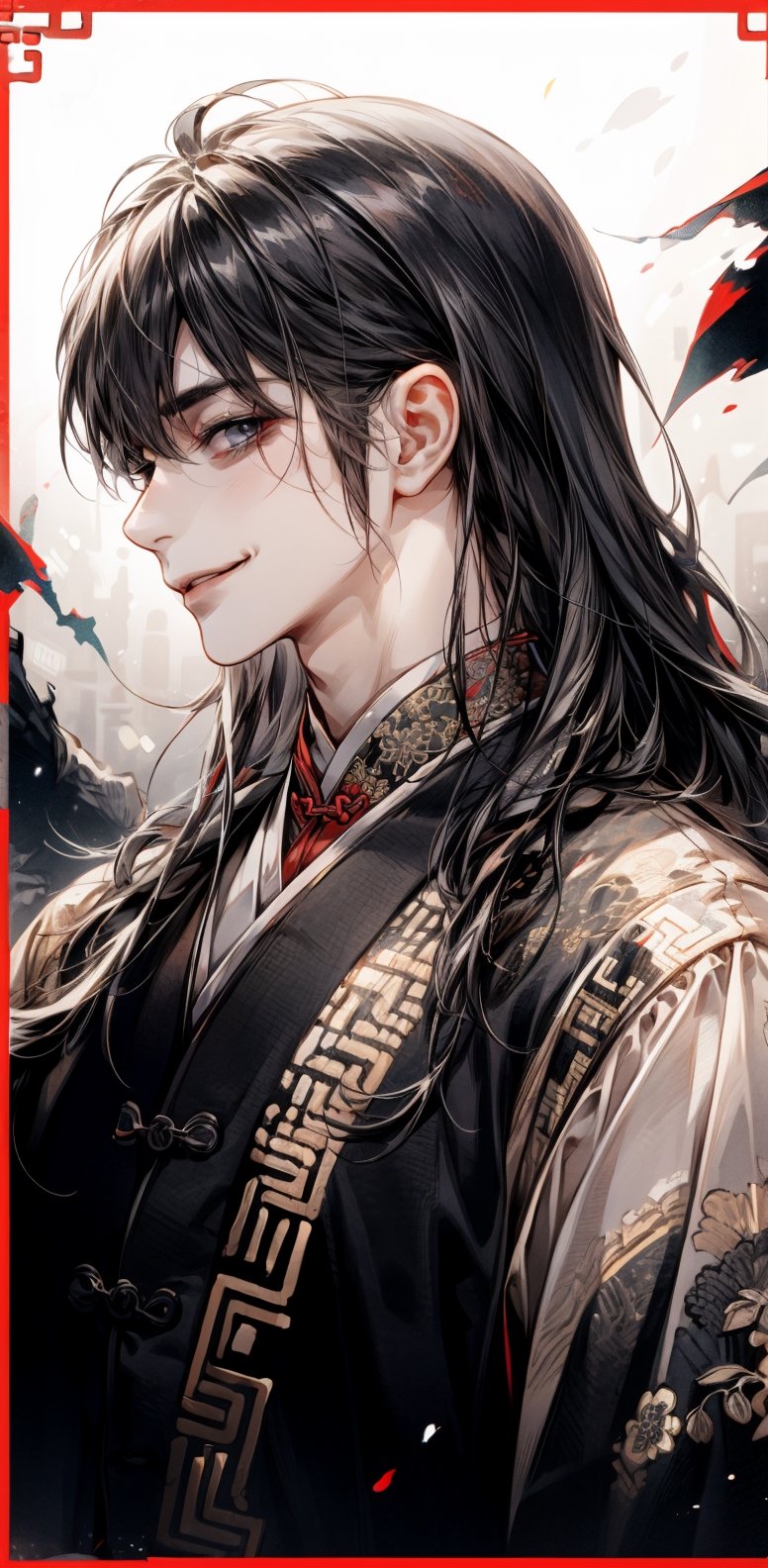 1guy, Black and white traditional chinese_clothes, mullet hair, horror(theme), chin up, looking_at_viewer , slender , side profile, evil smile, mandala effect