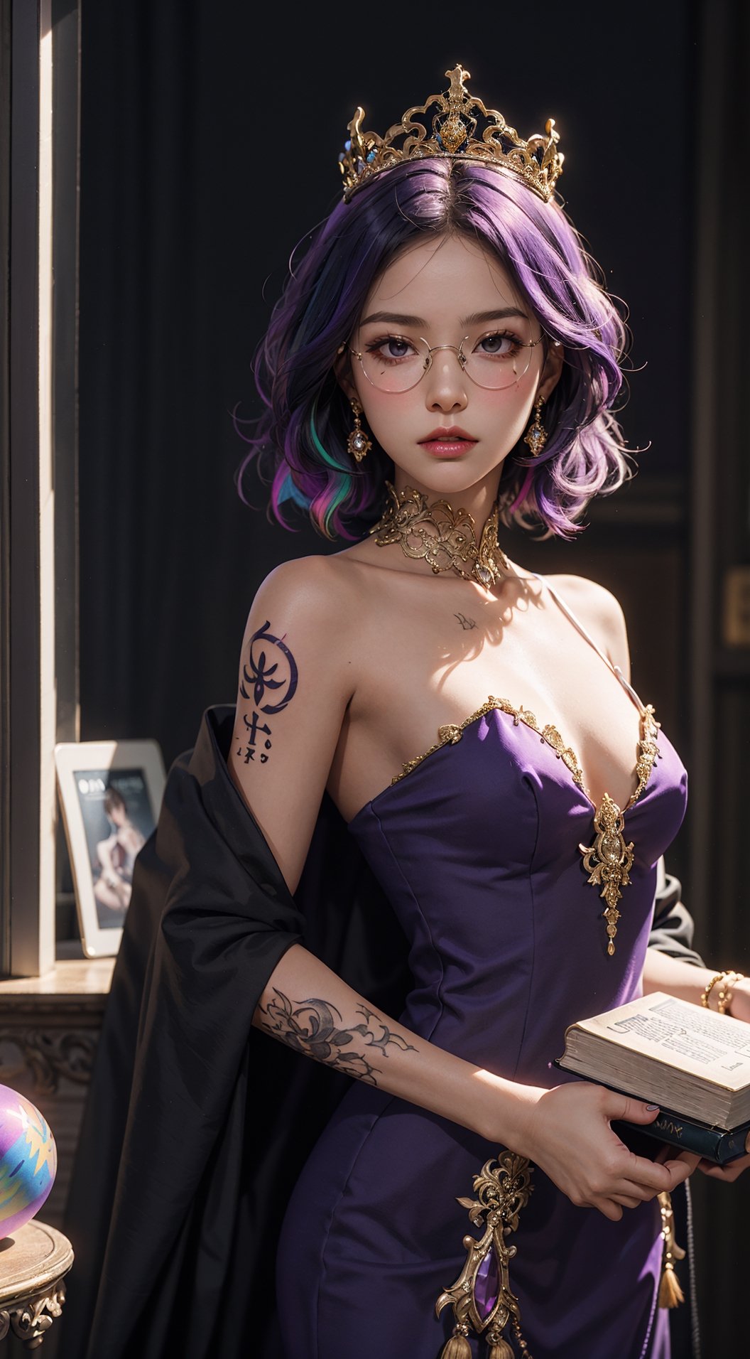 , 1 girl, tiny_breasts, dark_skinned_female, eyeglass, tiara crown, intricate dress, multicolored, robe, shoulder cape,book, classical_mythology, light orbs,insane details, neon purple, multicolored hair, petite,High detailed ,girl, random pattern tattoo,1 girl, photorealistic, realistic