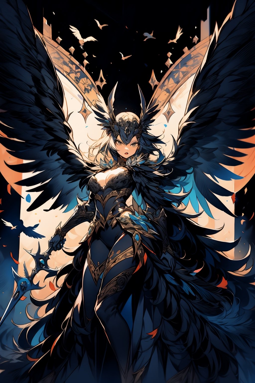 1girl, fierce look,raven head gear, intricate, black armor and feather dress, bird wings, midium breast, body, dynamic action pose, looking_at_the_viewer ,glittering flowers, complex background,weapon,1 girl,SAM YANG,High detailed ,seek,Pixel art,portrait,illustration,fcloseup,nodf_lora