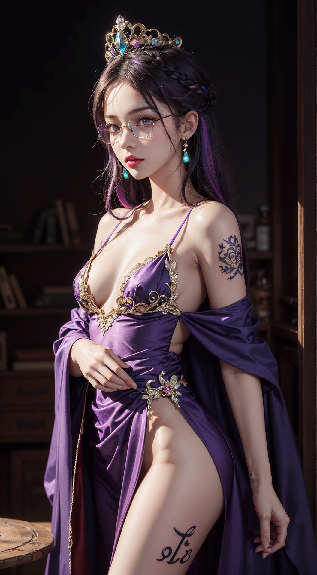 , 1 girl, tiny_breasts, dark_skinned_female, eyeglass, tiara crown, intricate dress, multicolored, robe, shoulder cape,book, classical_mythology, light orbs,insane details, neon purple, multicolored hair, petite,High detailed ,girl, random pattern tattoo,1 girl, photorealistic, realistic