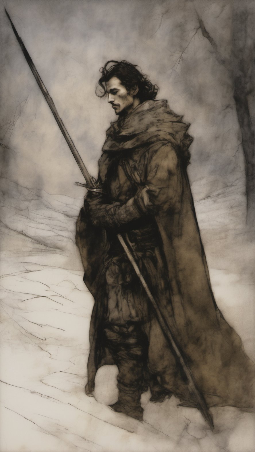 ,1male,medieval king,handsome, eternal winter,art by arthur rackham and franz kline,contour light,fine detail,atmospheric