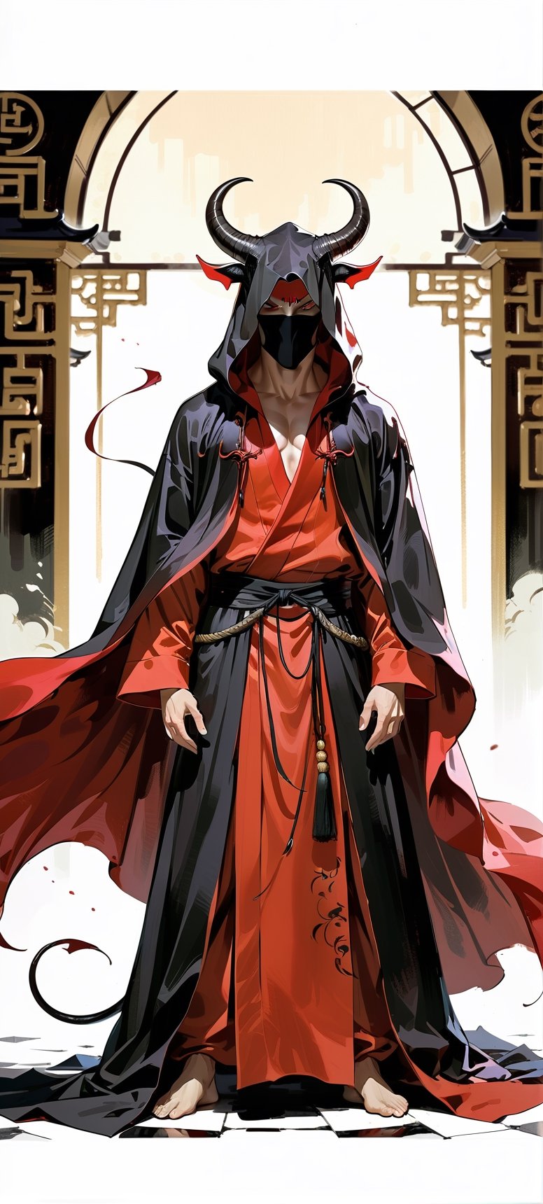 ((masterpiece, best quality, absurdres,aesthetic,expressive,)),anime, realistic,epic,handsome, tall,devil in a hooded cloak, devil horns, elegant chinese robe,more detail XL,dark colours,fullbody, dramatic pose,