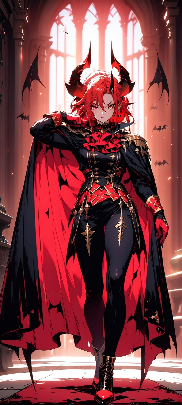 1 male, Horns, Blood red pupils,Large Bat wings, Noble clothes and cape,musculine,extremely Detailed cg, masterpiece,best quality, High resolution, LegendDarkFantasy, Dynamic pose, fullbody,